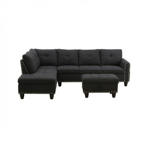 English Elm 69.5 Inch Linen Sectional Sofa with Storage Ottoman Cup Holders and Nail Head Trim B082S00153