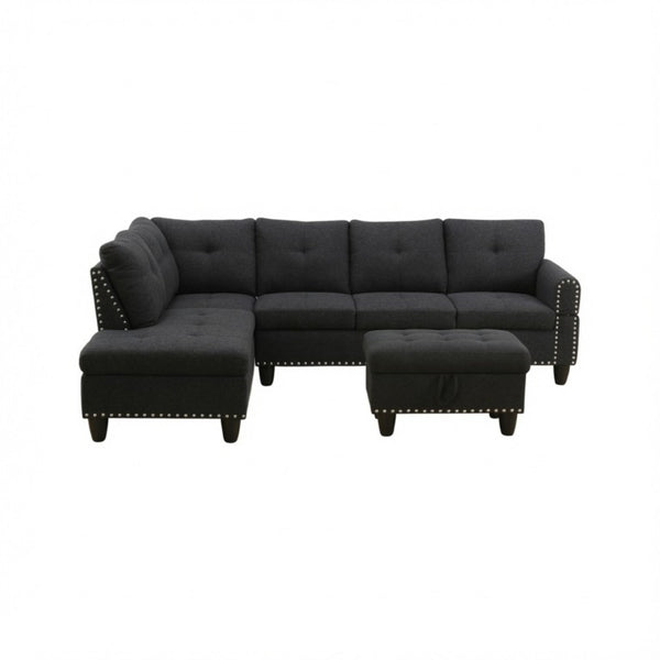 English Elm 69.5 Inch Linen Sectional Sofa with Storage Ottoman Cup Holders and Nail Head Trim B082S00153