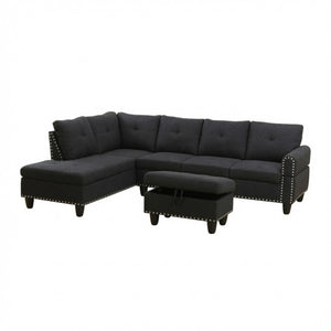 English Elm 69.5 Inch Linen Sectional Sofa with Storage Ottoman Cup Holders and Nail Head Trim B082S00153