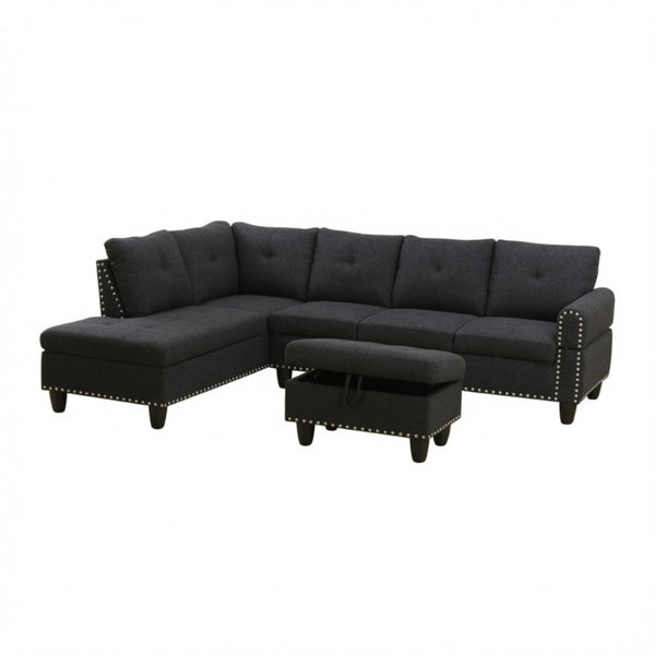 English Elm 69.5 Inch Linen Sectional Sofa with Storage Ottoman Cup Holders and Nail Head Trim B082S00153
