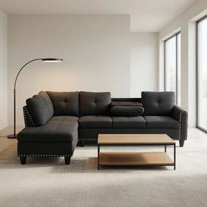 English Elm 69.5 Inch L Shaped Linen Sectional Sofa with Nailhead Trim and Movable Chaise Lounge 2 Pieces Left Chaise B082S00154
