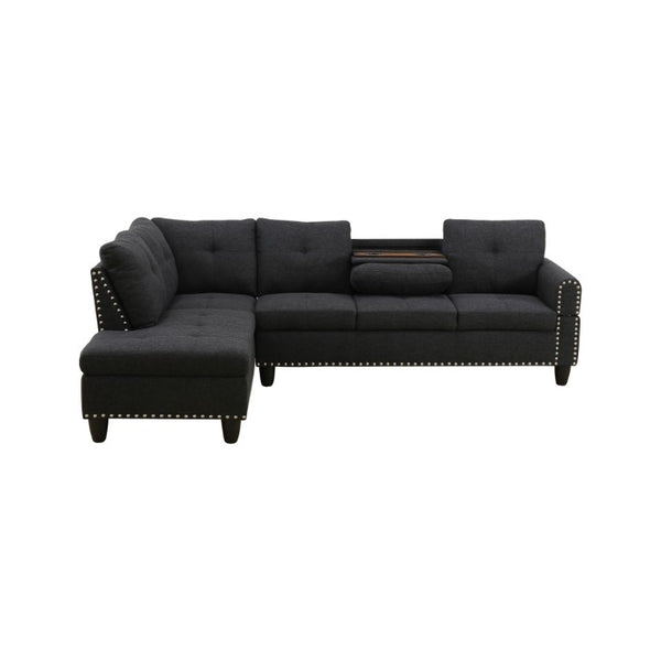 English Elm 69.5 Inch L Shaped Linen Sectional Sofa with Nailhead Trim and Movable Chaise Lounge 2 Pieces Left Chaise B082S00154