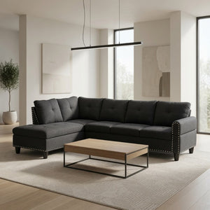 English Elm 69.5 Inch L Shaped Linen Sectional Sofa with Nailhead Trim and Movable Chaise Lounge 2 Pieces Left Chaise B082S00154