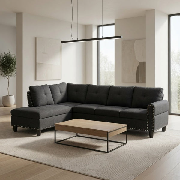 English Elm 69.5 Inch L Shaped Linen Sectional Sofa with Nailhead Trim and Movable Chaise Lounge 2 Pieces Left Chaise B082S00154