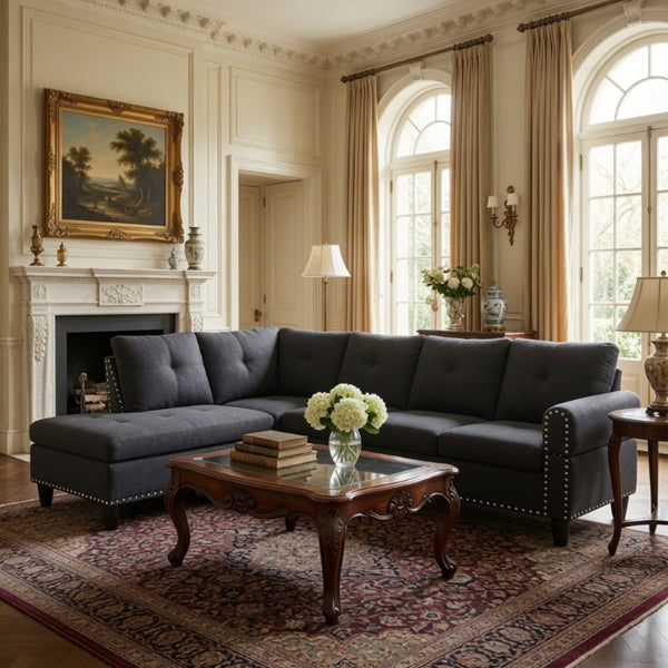 English Elm 69.5 Inch L Shaped Linen Sectional Sofa with Nailhead Trim and Movable Chaise Lounge 2 Pieces Left Chaise B082S00154