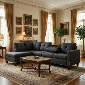 English Elm 69.5 Inch L Shaped Linen Sectional Sofa with Nailhead Trim and Movable Chaise Lounge 2 Pieces Left Chaise B082S00154