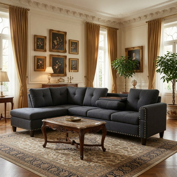 English Elm 69.5 Inch L Shaped Linen Sectional Sofa with Nailhead Trim and Movable Chaise Lounge 2 Pieces Left Chaise B082S00154