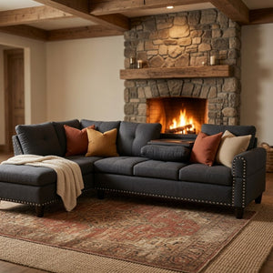 English Elm 69.5 Inch L Shaped Linen Sectional Sofa with Nailhead Trim and Movable Chaise Lounge 2 Pieces Left Chaise B082S00154