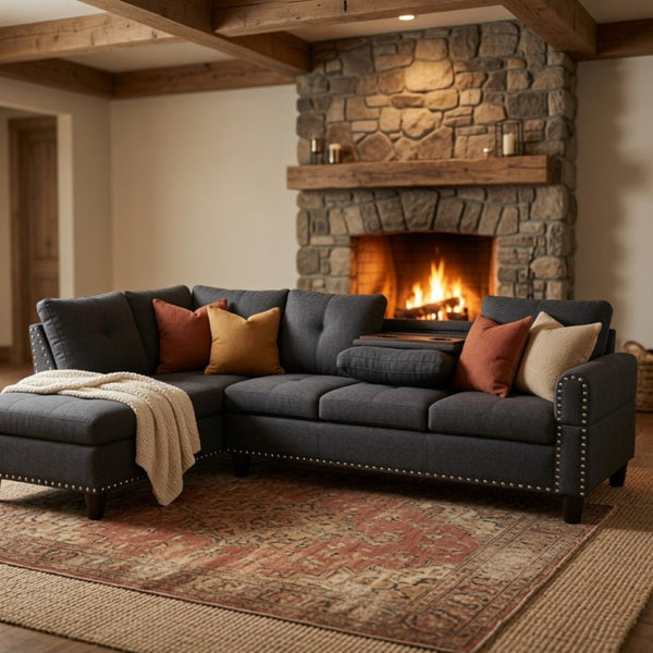 English Elm 69.5 Inch L Shaped Linen Sectional Sofa with Nailhead Trim and Movable Chaise Lounge 2 Pieces Left Chaise B082S00154