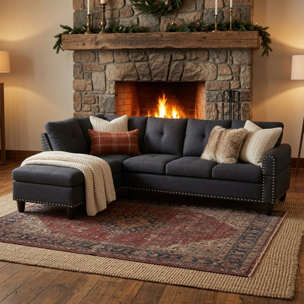 English Elm 69.5 Inch L Shaped Linen Sectional Sofa with Nailhead Trim and Movable Chaise Lounge 2 Pieces Left Chaise B082S00154