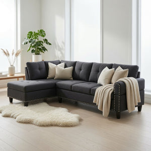 English Elm 69.5 Inch L Shaped Linen Sectional Sofa with Nailhead Trim and Movable Chaise Lounge 2 Pieces Left Chaise B082S00154