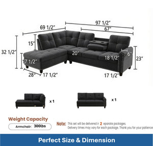 English Elm 69.5 Inch L Shaped Linen Sectional Sofa with Nailhead Trim and Movable Chaise Lounge 2 Pieces Left Chaise B082S00154