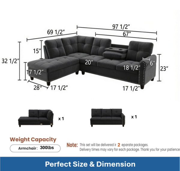 English Elm 69.5 Inch L Shaped Linen Sectional Sofa with Nailhead Trim and Movable Chaise Lounge 2 Pieces Left Chaise B082S00154
