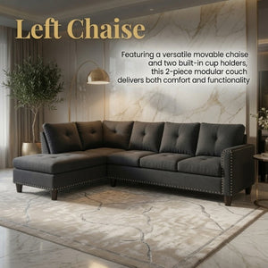 English Elm 69.5 Inch L Shaped Linen Sectional Sofa with Nailhead Trim and Movable Chaise Lounge 2 Pieces Left Chaise B082S00154