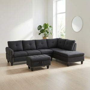 English Elm 69.5 Inch L Shaped Linen Sectional Sofa with Nailhead Trim and Movable Chaise Lounge 3 Pieces Right Chaise w/ Storage Ottoman & Cup Holders B082S00155