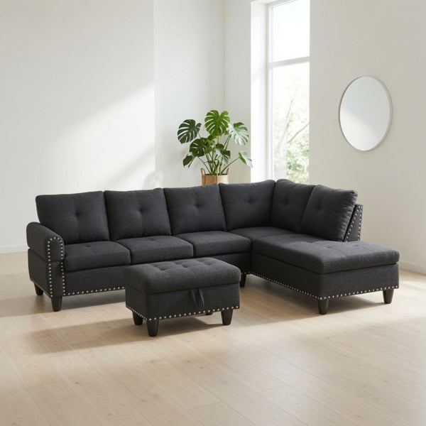 English Elm 69.5 Inch L Shaped Linen Sectional Sofa with Nailhead Trim and Movable Chaise Lounge 3 Pieces Right Chaise w/ Storage Ottoman & Cup Holders B082S00155
