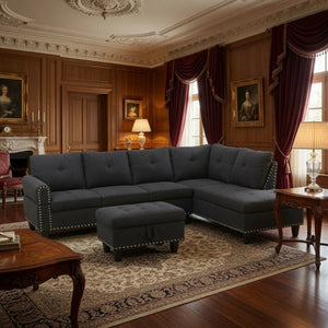 English Elm 69.5 Inch L Shaped Linen Sectional Sofa with Nailhead Trim and Movable Chaise Lounge 3 Pieces Right Chaise w/ Storage Ottoman & Cup Holders B082S00155