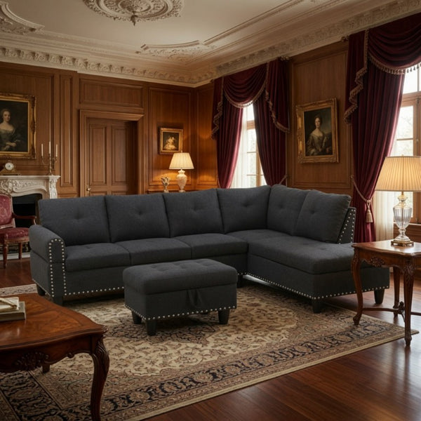 English Elm 69.5 Inch L Shaped Linen Sectional Sofa with Nailhead Trim and Movable Chaise Lounge 3 Pieces Right Chaise w/ Storage Ottoman & Cup Holders B082S00155