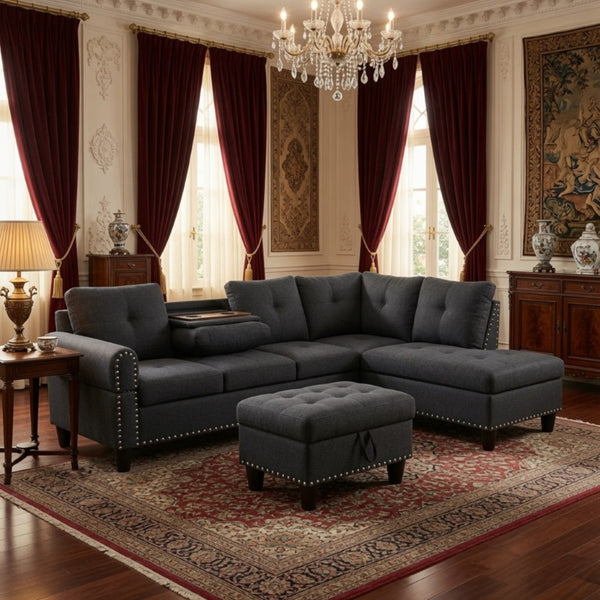 English Elm 69.5 Inch L Shaped Linen Sectional Sofa with Nailhead Trim and Movable Chaise Lounge 3 Pieces Right Chaise w/ Storage Ottoman & Cup Holders B082S00155