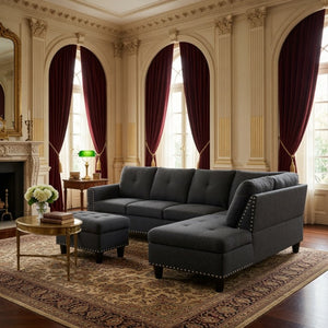 English Elm 69.5 Inch L Shaped Linen Sectional Sofa with Nailhead Trim and Movable Chaise Lounge 3 Pieces Right Chaise w/ Storage Ottoman & Cup Holders B082S00155