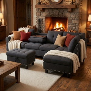 English Elm 69.5 Inch L Shaped Linen Sectional Sofa with Nailhead Trim and Movable Chaise Lounge 3 Pieces Right Chaise w/ Storage Ottoman & Cup Holders B082S00155