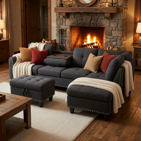 English Elm 69.5 Inch L Shaped Linen Sectional Sofa with Nailhead Trim and Movable Chaise Lounge 3 Pieces Right Chaise w/ Storage Ottoman & Cup Holders B082S00155