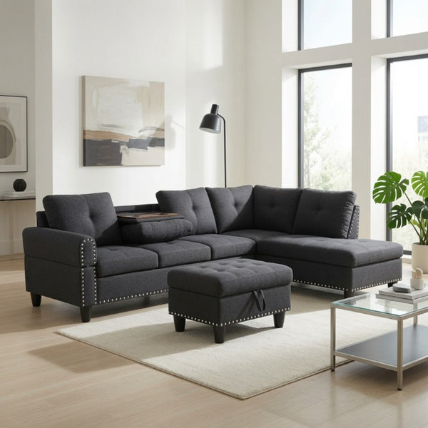 English Elm 69.5 Inch L Shaped Linen Sectional Sofa with Nailhead Trim and Movable Chaise Lounge 3 Pieces Right Chaise w/ Storage Ottoman & Cup Holders B082S00155
