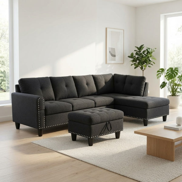 English Elm 69.5 Inch L Shaped Linen Sectional Sofa with Nailhead Trim and Movable Chaise Lounge 3 Pieces Right Chaise w/ Storage Ottoman & Cup Holders B082S00155