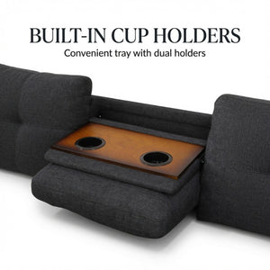 English Elm 69.5 Inch L Shaped Linen Sectional Sofa with Nailhead Trim and Movable Chaise Lounge 3 Pieces Right Chaise w/ Storage Ottoman & Cup Holders B082S00155