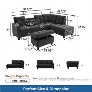 English Elm 69.5 Inch L Shaped Linen Sectional Sofa with Nailhead Trim and Movable Chaise Lounge 3 Pieces Right Chaise w/ Storage Ottoman & Cup Holders B082S00155