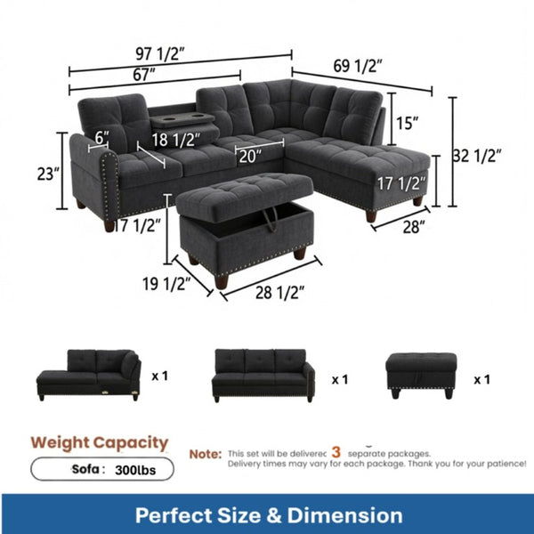 English Elm 69.5 Inch L Shaped Linen Sectional Sofa with Nailhead Trim and Movable Chaise Lounge 3 Pieces Right Chaise w/ Storage Ottoman & Cup Holders B082S00155