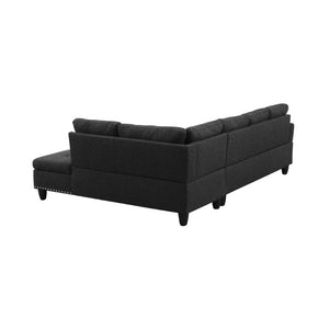 English Elm 69.5 Inch L Shaped Linen Sectional Sofa with Nailhead Trim and Movable Chaise Lounge 3 Pieces Right Chaise w/ Storage Ottoman & Cup Holders B082S00155