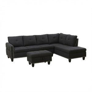 English Elm 69.5 Inch L Shaped Linen Sectional Sofa with Nailhead Trim and Movable Chaise Lounge 3 Pieces Right Chaise w/ Storage Ottoman & Cup Holders B082S00155