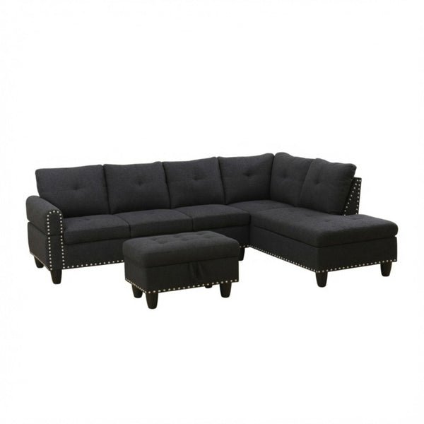 English Elm 69.5 Inch L Shaped Linen Sectional Sofa with Nailhead Trim and Movable Chaise Lounge 3 Pieces Right Chaise w/ Storage Ottoman & Cup Holders B082S00155