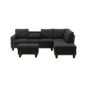 English Elm 69.5 Inch L Shaped Linen Sectional Sofa with Nailhead Trim and Movable Chaise Lounge 3 Pieces Right Chaise w/ Storage Ottoman & Cup Holders B082S00155