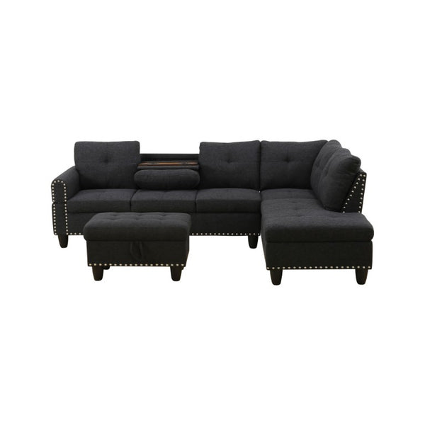 English Elm 69.5 Inch L Shaped Linen Sectional Sofa with Nailhead Trim and Movable Chaise Lounge 3 Pieces Right Chaise w/ Storage Ottoman & Cup Holders B082S00155
