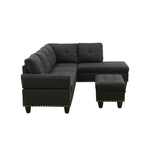 English Elm 69.5 Inch L Shaped Linen Sectional Sofa with Nailhead Trim and Movable Chaise Lounge 3 Pieces Right Chaise w/ Storage Ottoman & Cup Holders B082S00155