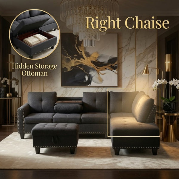 English Elm 69.5 Inch L Shaped Linen Sectional Sofa with Nailhead Trim and Movable Chaise Lounge 3 Pieces Right Chaise w/ Storage Ottoman & Cup Holders B082S00155