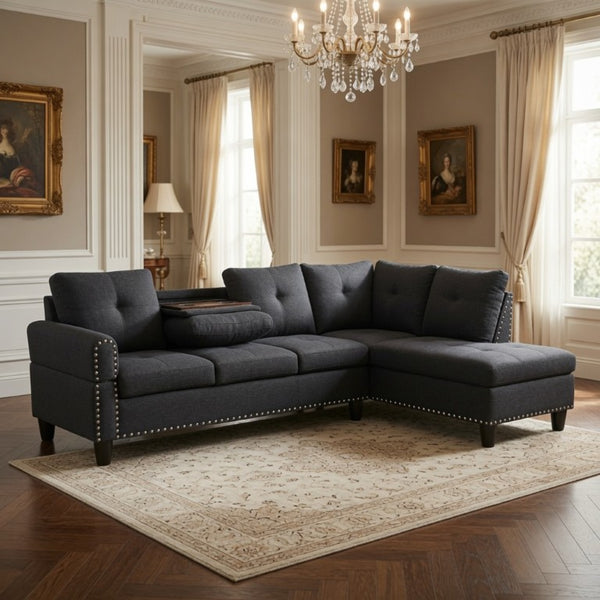English Elm 69.5 Inch L-Shaped Linen Sectional Sofa with Nail Head Trim and Built-In Cup Holders Black+Grey 97.5 L x 69.5 W x 32.5 H B082S00156