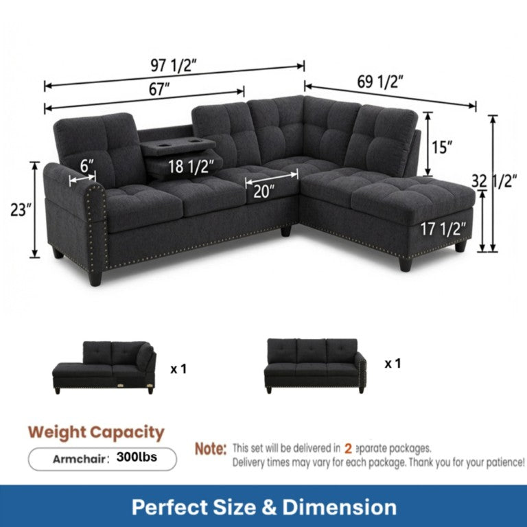 English Elm 69.5 Inch L-Shaped Linen Sectional Sofa with Nail Head Trim and Built-In Cup Holders Black+Grey 97.5 L x 69.5 W x 32.5 H B082S00156
