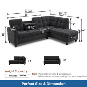 English Elm 69.5 Inch L-Shaped Linen Sectional Sofa with Nail Head Trim and Built-In Cup Holders Black+Grey 97.5 L x 69.5 W x 32.5 H B082S00156