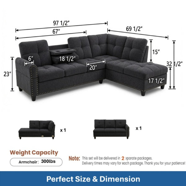 English Elm 69.5 Inch L-Shaped Linen Sectional Sofa with Nail Head Trim and Built-In Cup Holders Black+Grey 97.5 L x 69.5 W x 32.5 H B082S00156