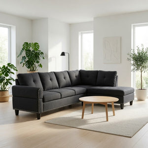 English Elm 69.5 Inch L-Shaped Linen Sectional Sofa with Nail Head Trim and Built-In Cup Holders Black+Grey 97.5 L x 69.5 W x 32.5 H B082S00156
