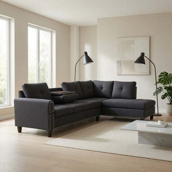English Elm 69.5 Inch L-Shaped Linen Sectional Sofa with Nail Head Trim and Built-In Cup Holders Black+Grey 97.5 L x 69.5 W x 32.5 H B082S00156