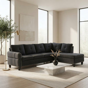 English Elm 69.5 Inch L-Shaped Linen Sectional Sofa with Nail Head Trim and Built-In Cup Holders Black+Grey 97.5 L x 69.5 W x 32.5 H B082S00156