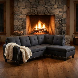 English Elm 69.5 Inch L-Shaped Linen Sectional Sofa with Nail Head Trim and Built-In Cup Holders Black+Grey 97.5 L x 69.5 W x 32.5 H B082S00156