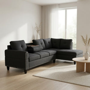 English Elm 69.5 Inch L-Shaped Linen Sectional Sofa with Nail Head Trim and Built-In Cup Holders Black+Grey 97.5 L x 69.5 W x 32.5 H B082S00156
