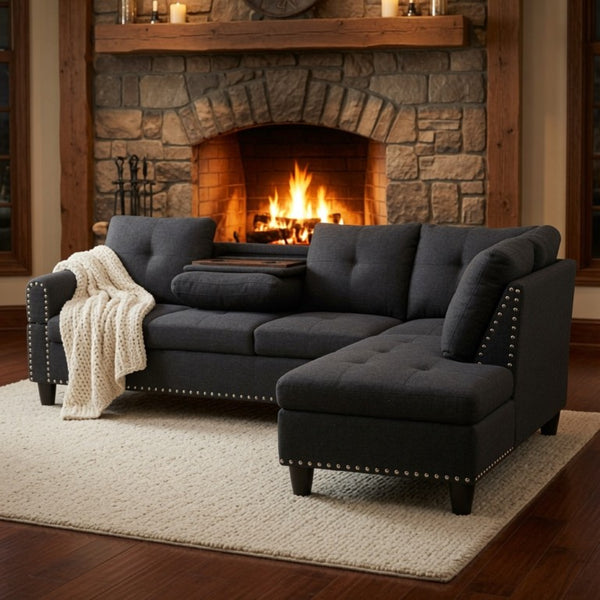 English Elm 69.5 Inch L-Shaped Linen Sectional Sofa with Nail Head Trim and Built-In Cup Holders Black+Grey 97.5 L x 69.5 W x 32.5 H B082S00156