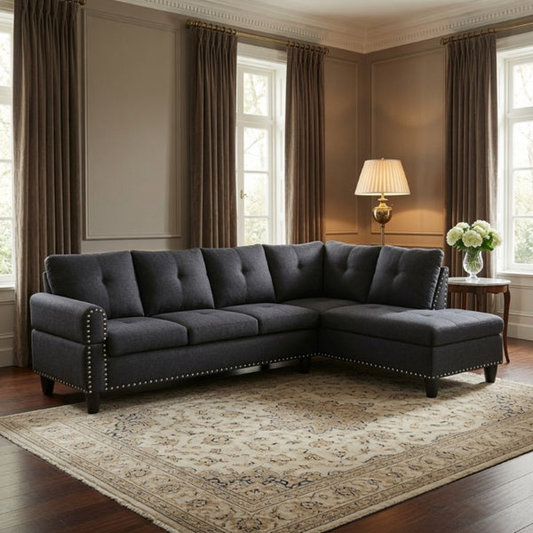 English Elm 69.5 Inch L-Shaped Linen Sectional Sofa with Nail Head Trim and Built-In Cup Holders Black+Grey 97.5 L x 69.5 W x 32.5 H B082S00156