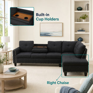English Elm 69.5 Inch L-Shaped Linen Sectional Sofa with Nail Head Trim and Built-In Cup Holders Black+Grey 97.5 L x 69.5 W x 32.5 H B082S00156